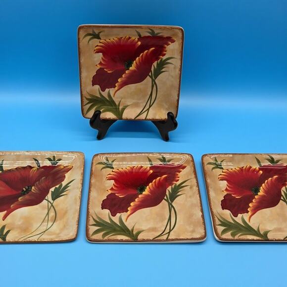 Pier 1 Imports Set/4 Poppies Hand-Painted Earthenware 6" Square Appetizer Plates - Picture 13 of 16